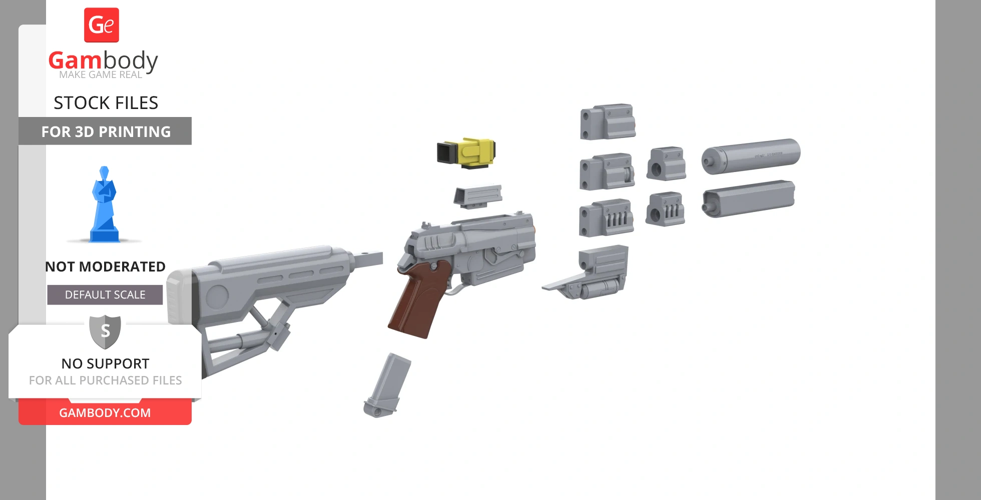 3D model of Fallout 4's 10mm Pistol, showing various disassembled parts for 3D printing.