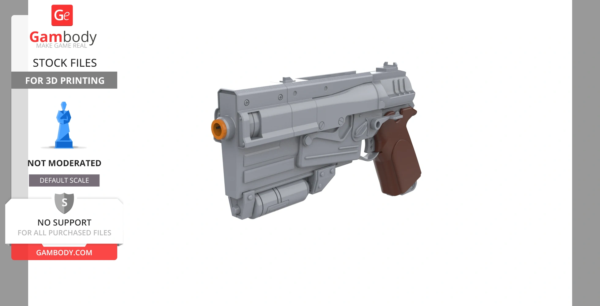 A 3D model of a detailed 10mm pistol from Fallout 4 with a brown grip and metallic body for 3D printing.