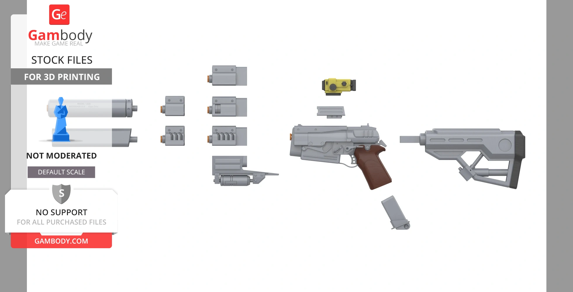 Exploded view of a 3D printable 10mm pistol from Fallout 4, showing various parts and components.