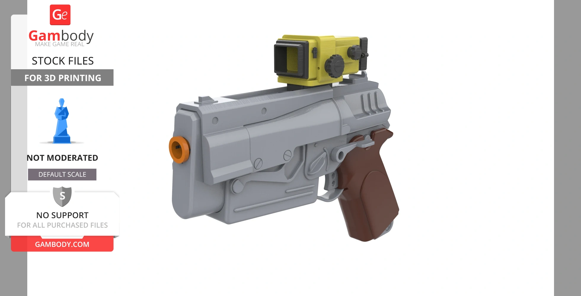 A 3D model of a Fallout 4 10mm pistol with a brown grip and yellow scope attachment.