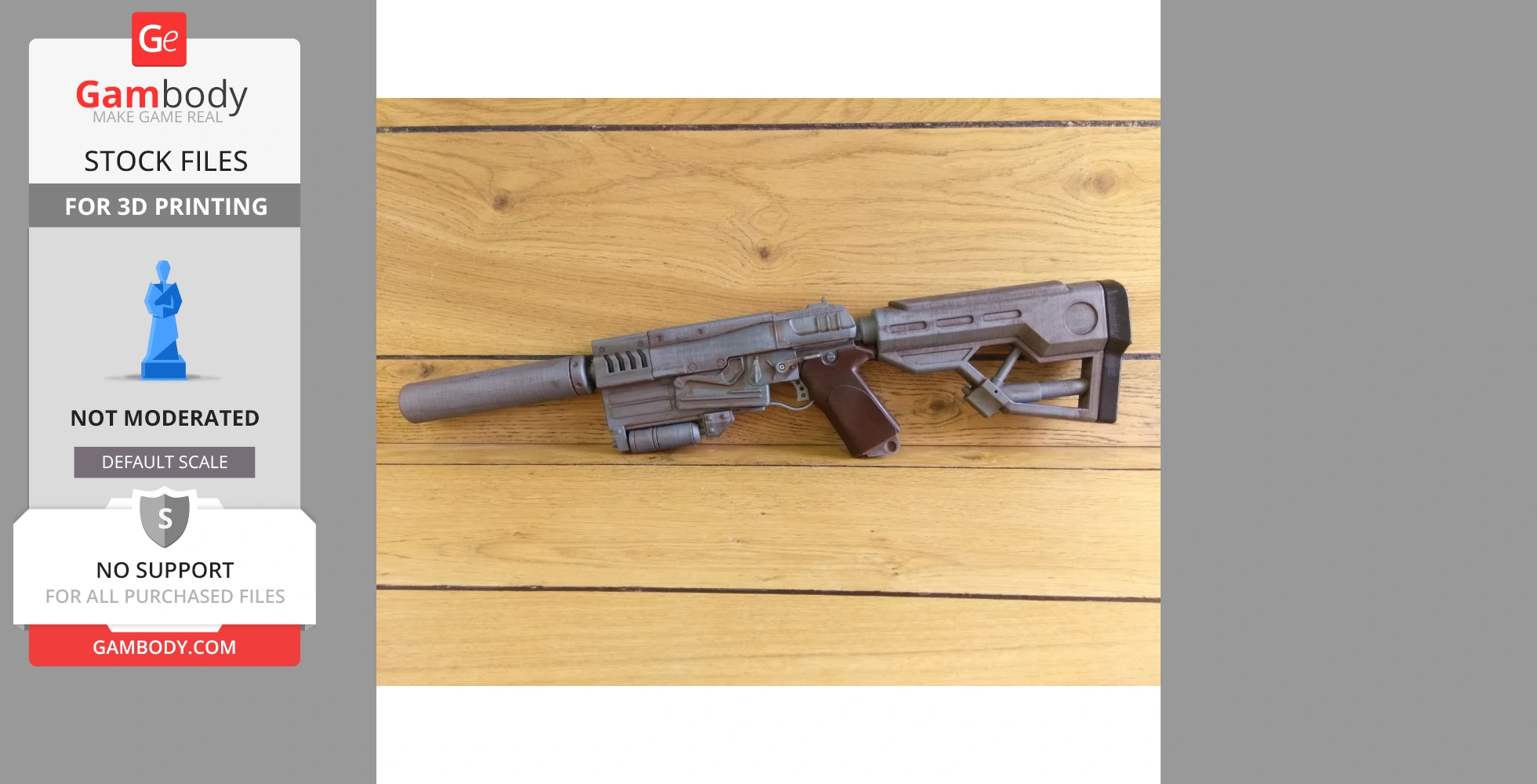 A 3D-printed model of a 10mm pistol from Fallout 4, displayed on a wooden surface.