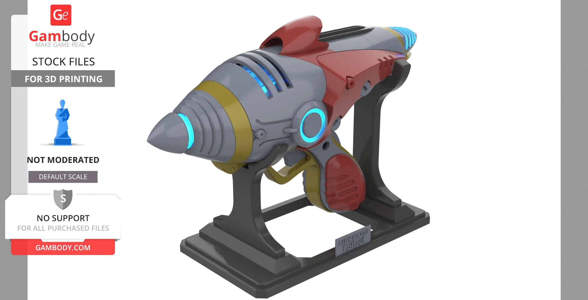 Futuristic alien blaster model with vibrant colors mounted on a stand for 3D printing.
