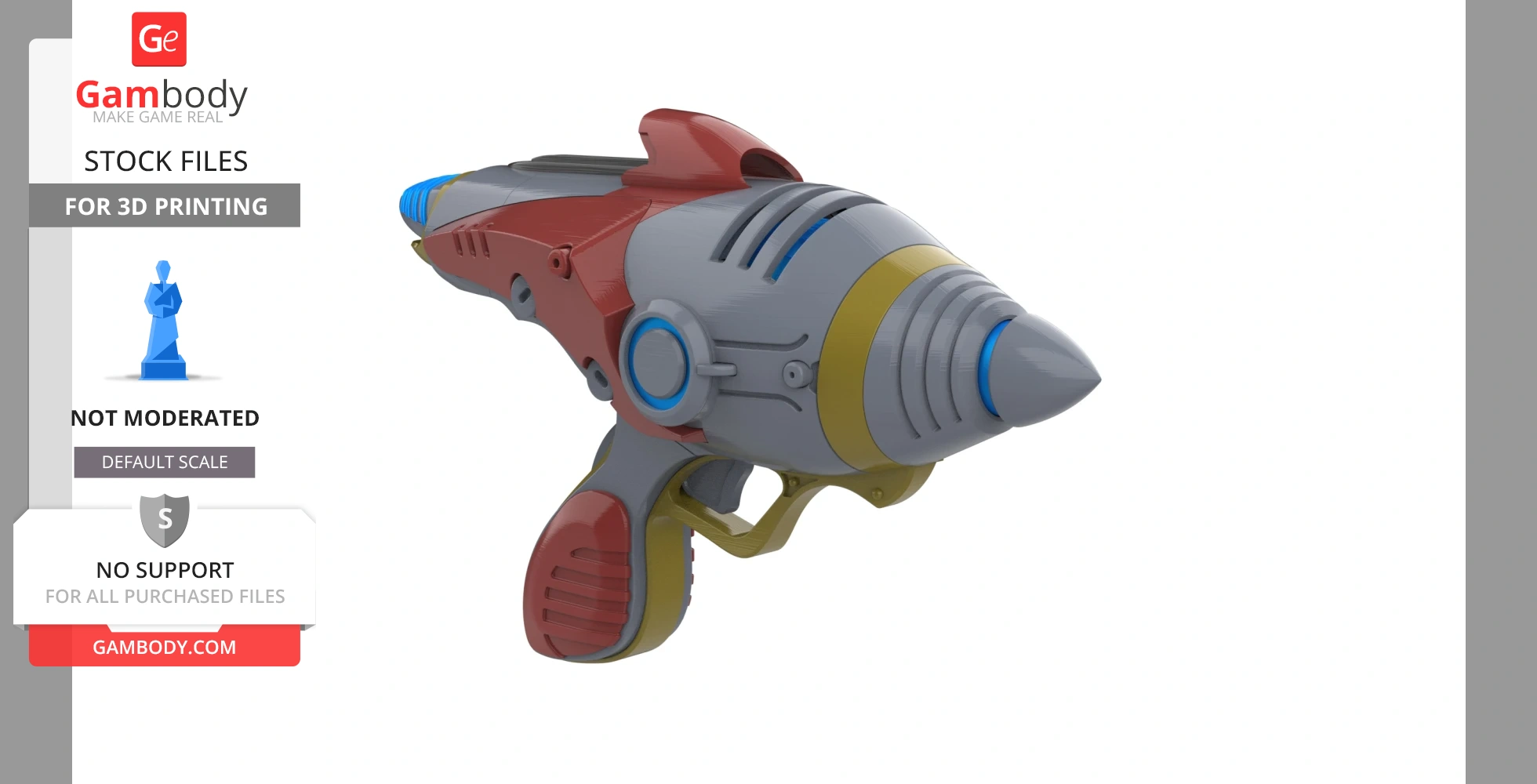 A colorful sci-fi alien blaster model with intricate details for 3D printing, resembling a retro-futuristic ray gun.