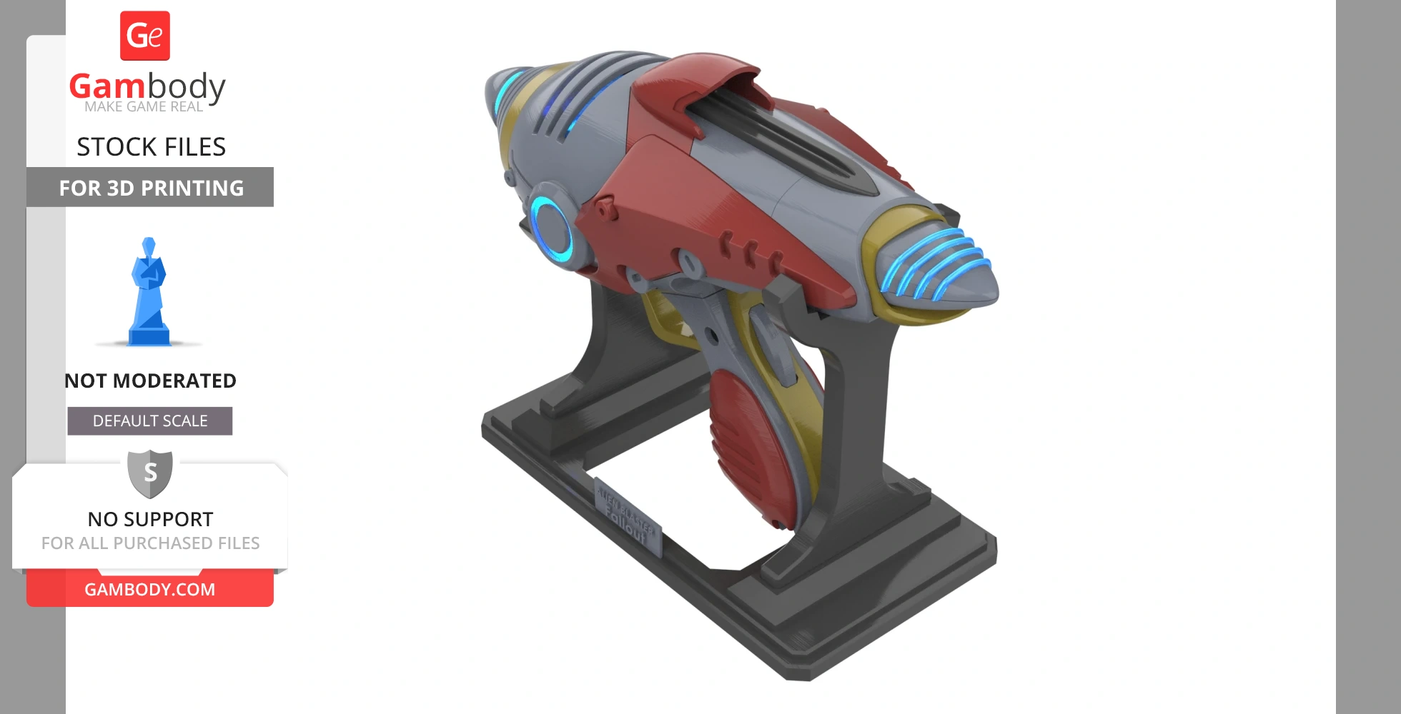 Futuristic alien blaster with red, gray, and yellow details on a display stand, designed for 3D printing.