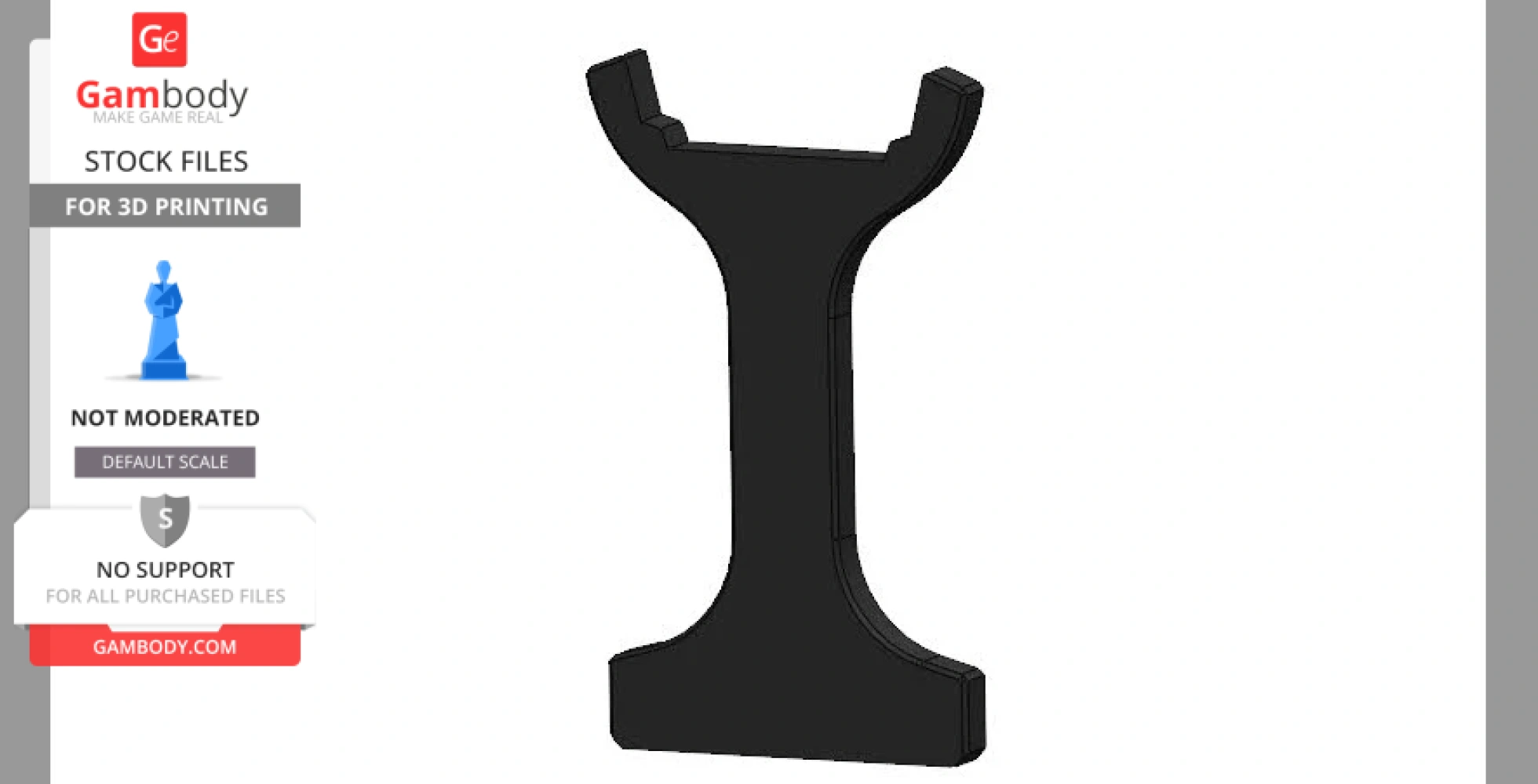 3D model of a black, stand-like structure with a U-shaped top for 3D printing.
