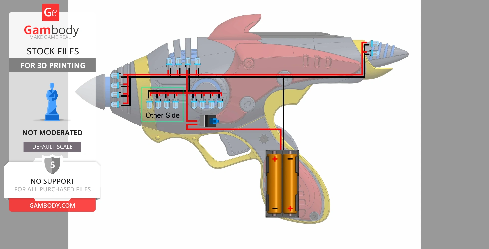 Diagram of a 3D printable alien blaster model with a colored internal wiring schematic.