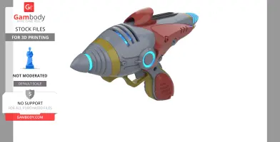 A colorful, futuristic alien blaster pistol 3D model from the Fallout series.