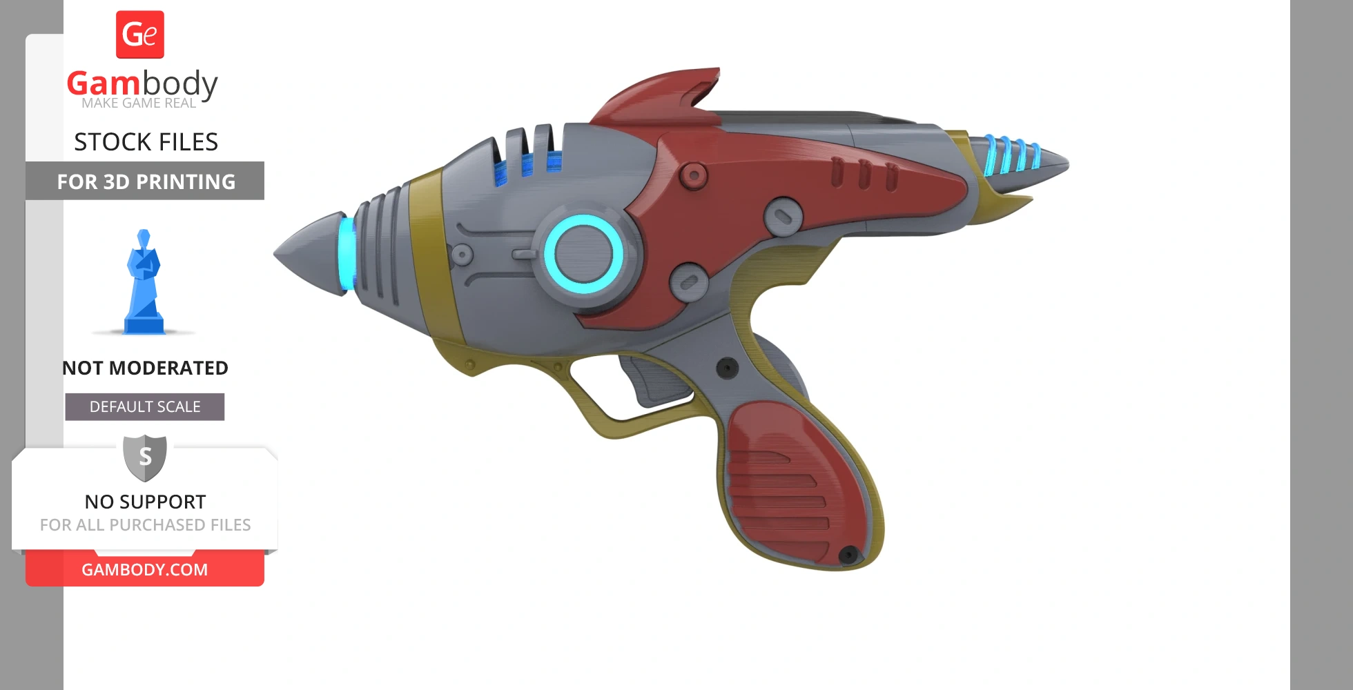 Retro-futuristic ray gun with colorful accents, inspired by the Alien Blaster from Fallout for 3D printing.
