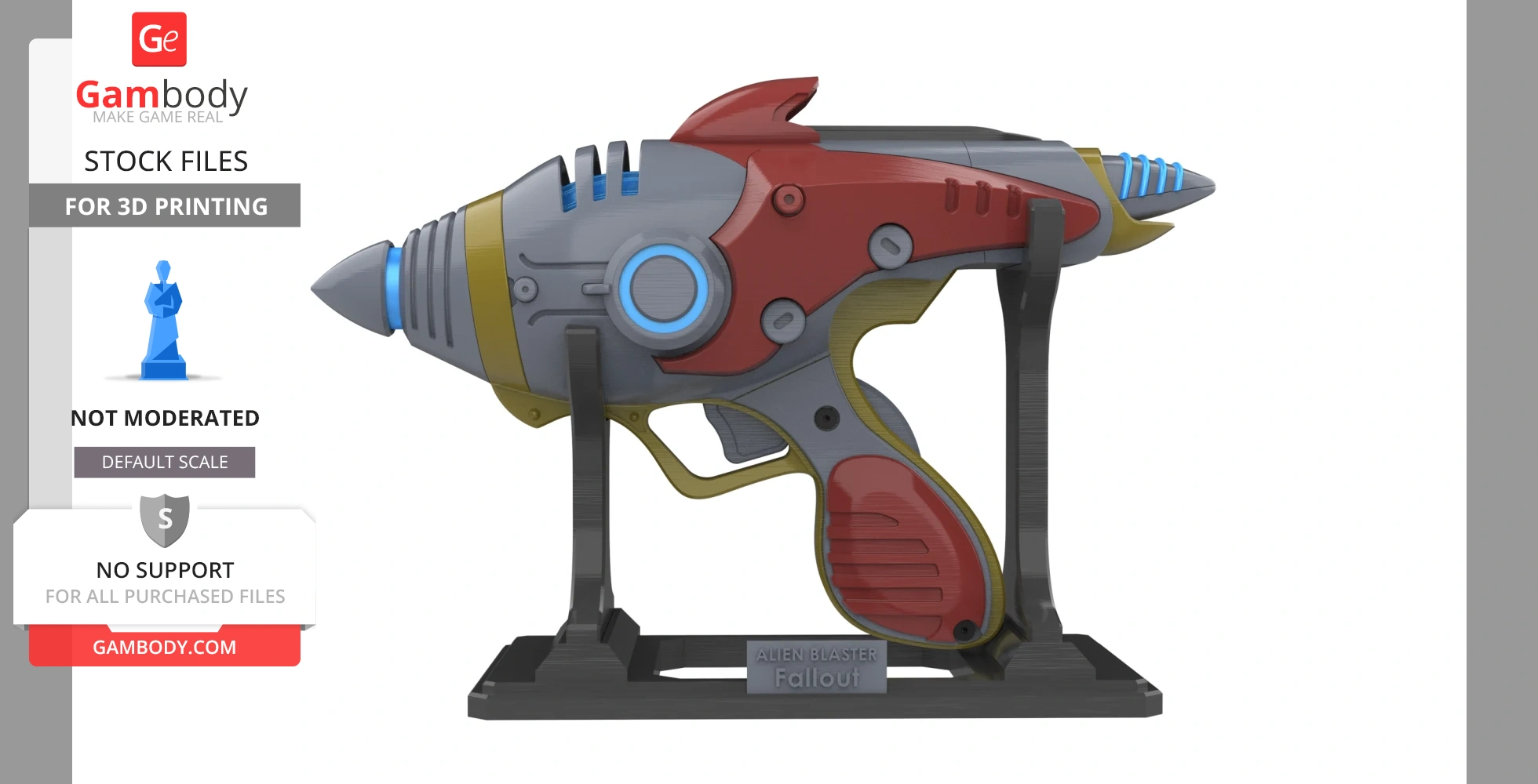 Colorful sci-fi blaster 3D model on a stand, designed for printing, featuring futuristic design elements.