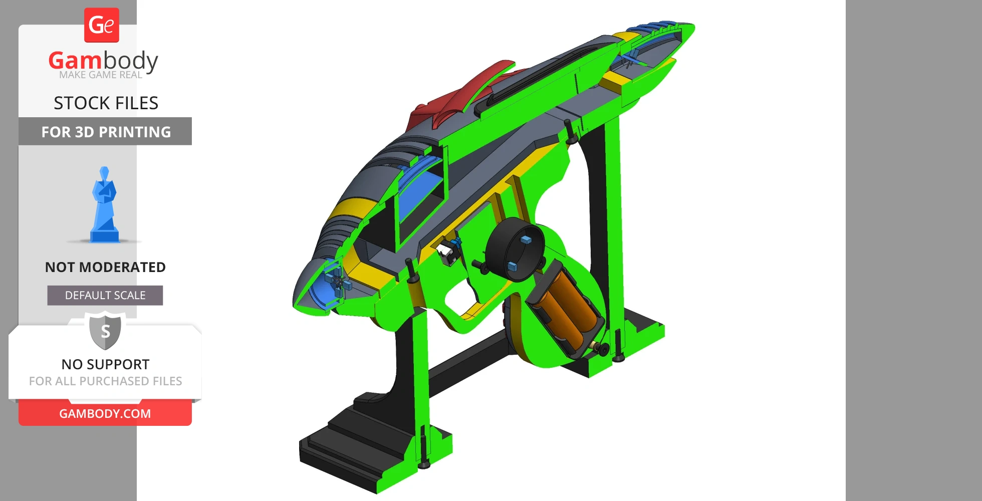 A colorful 3D model of an Alien Blaster from Fallout, designed for 3D printing.