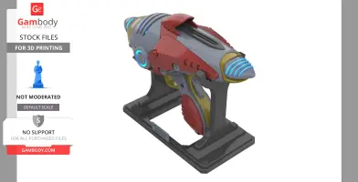 Futuristic alien blaster with red, gray, and yellow details on a display stand, designed for 3D printing.