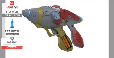 A detailed 3D model of a sci-fi alien blaster from Fallout, featuring intricate design elements and color accents.