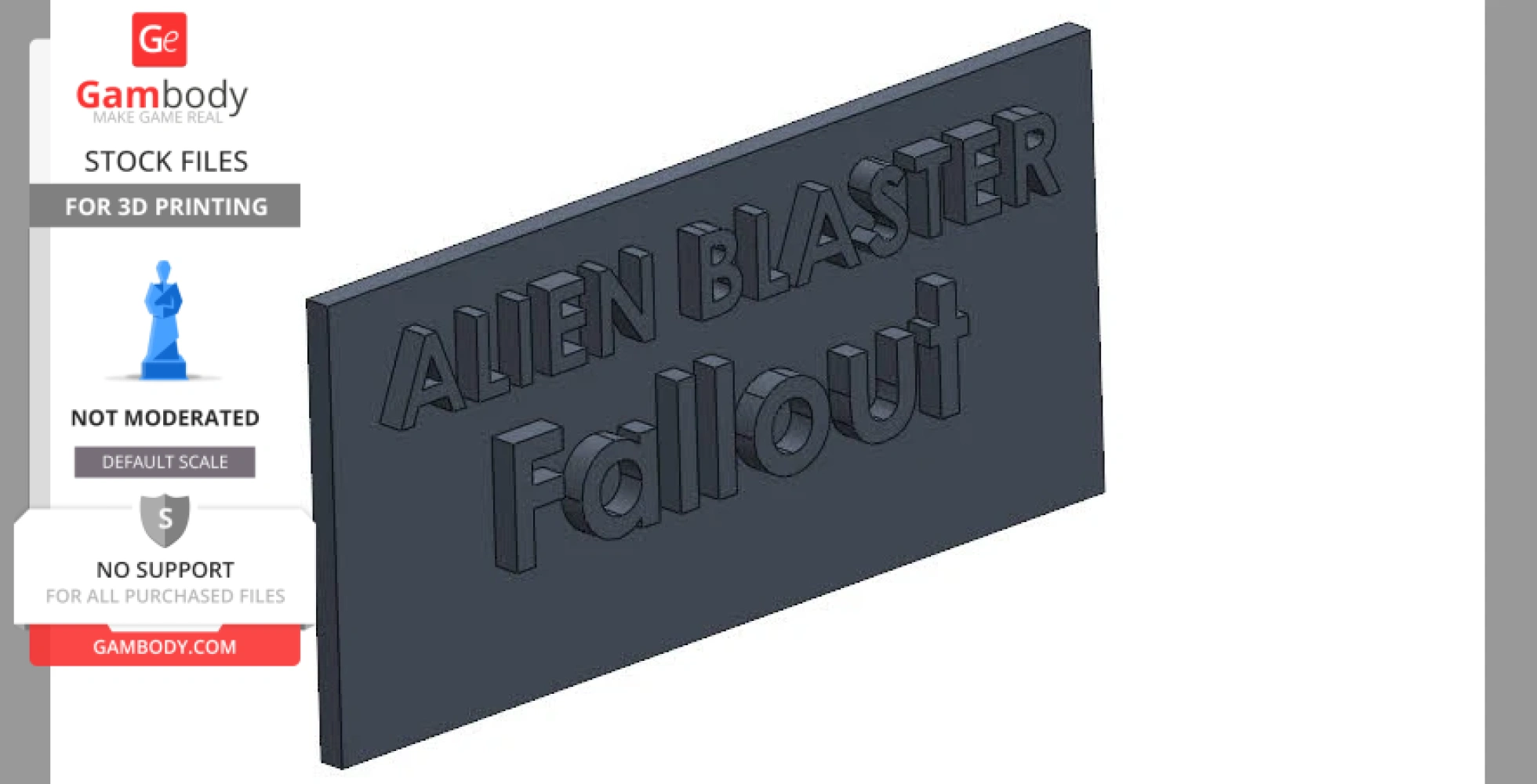 A 3D model sign with raised text 'Alien Blaster Fallout' on a rectangular plaque.