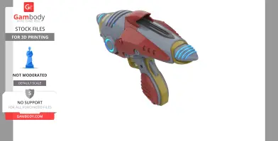 A colorful, futuristic ray gun model with glowing accents, designed for 3D printing.