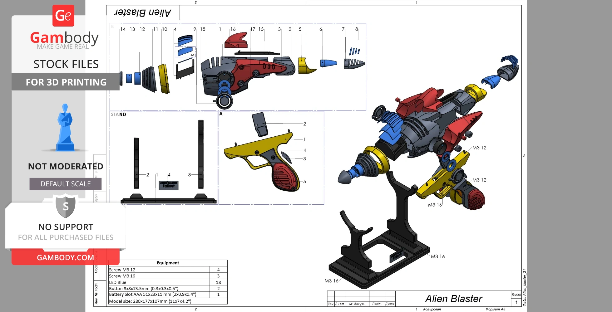 'Fallout Alien Blaster 3D model, detailed assembly parts, and stand for 3D printing.'