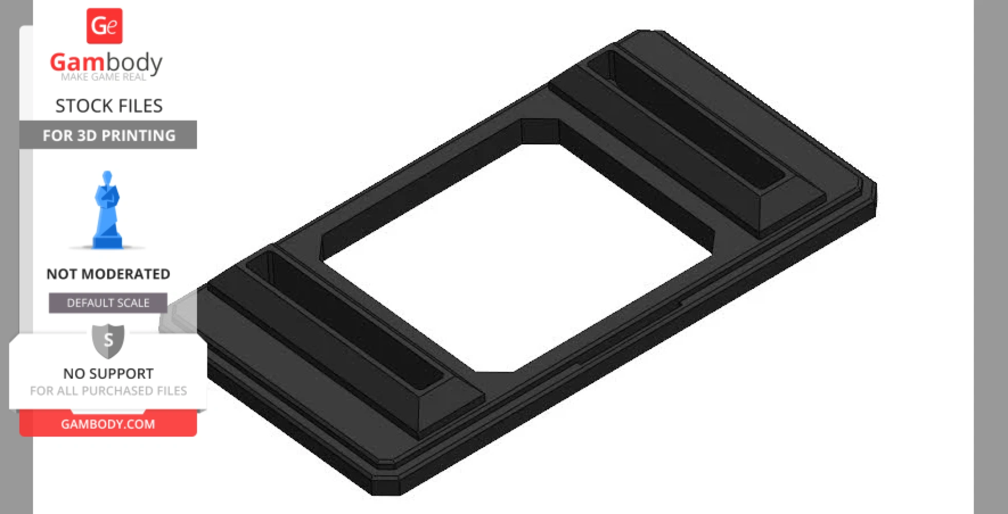 A black rectangular 3D model with central cutout, possibly a component for 3D printing assembly.