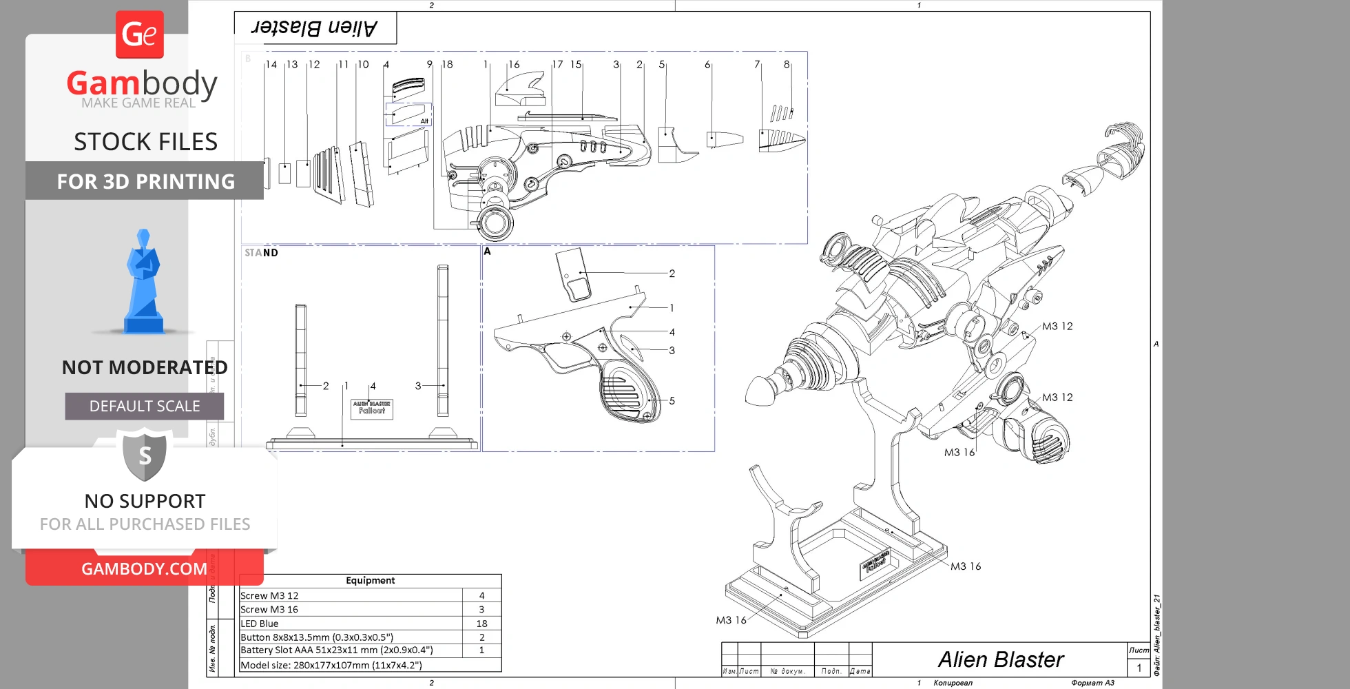 Blueprint of a detailed Alien Blaster 3D model, showing assembly parts and instructions.