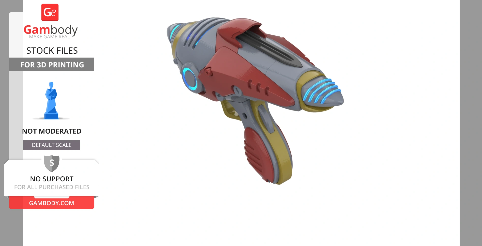 A colorful, futuristic ray gun model with glowing accents, designed for 3D printing.