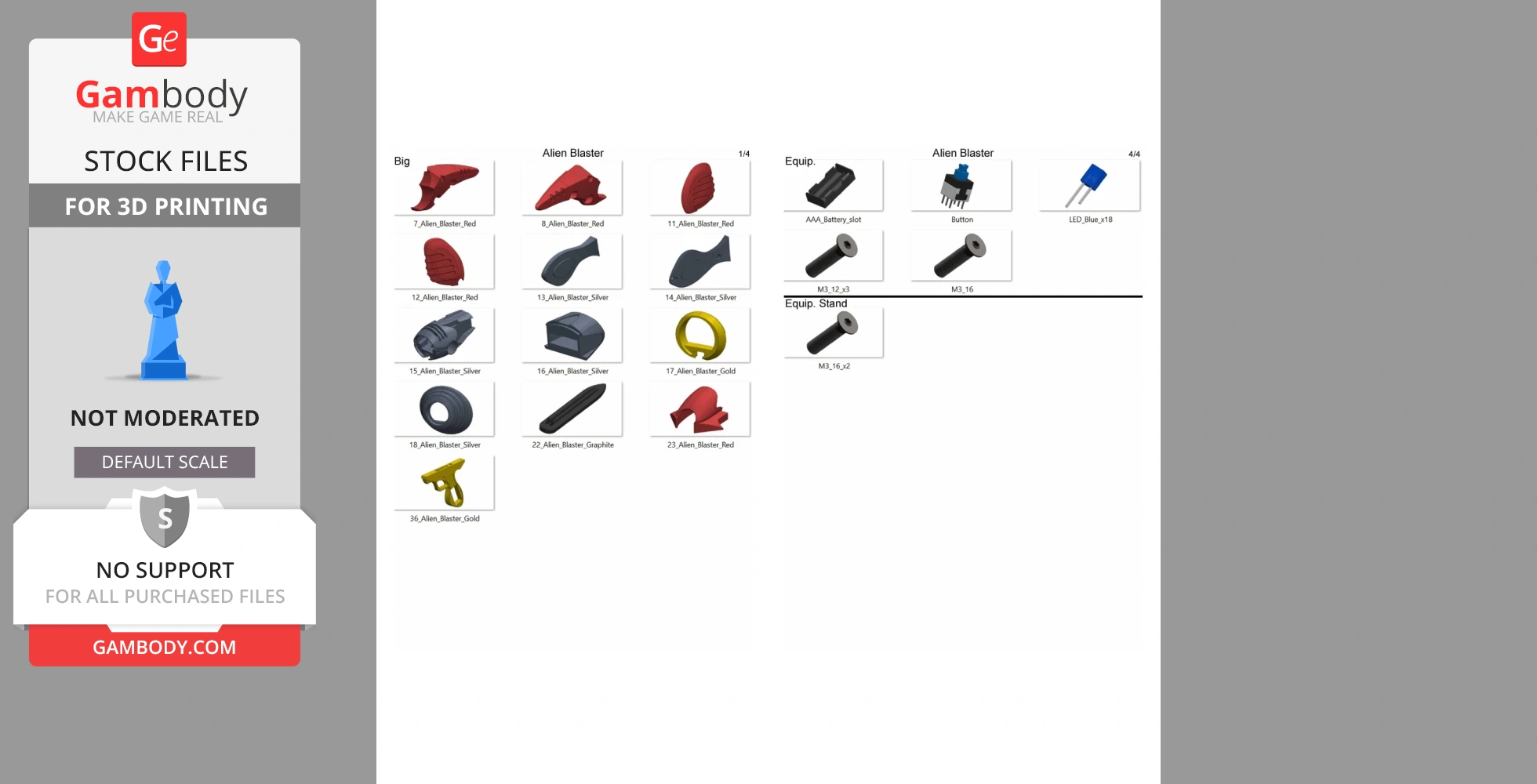 Alien Blaster 3D model parts and components for printing, shown with color-coded sections and labels.