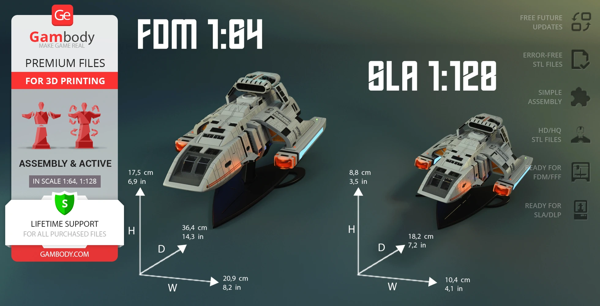 3D model of a Danube-Class Runabout for printing; shown in FDM 1:64 and SLA 1:128 scales with dimensions.