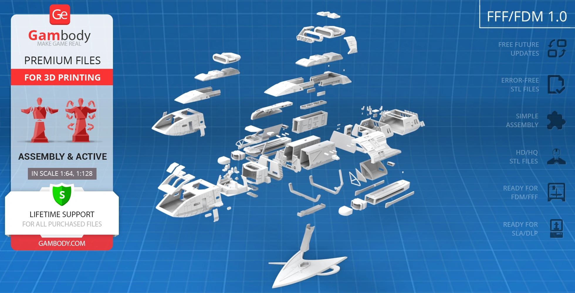 Exploded view of 3D printable Danube-Class Runabout model with various detailed parts on a blue grid.