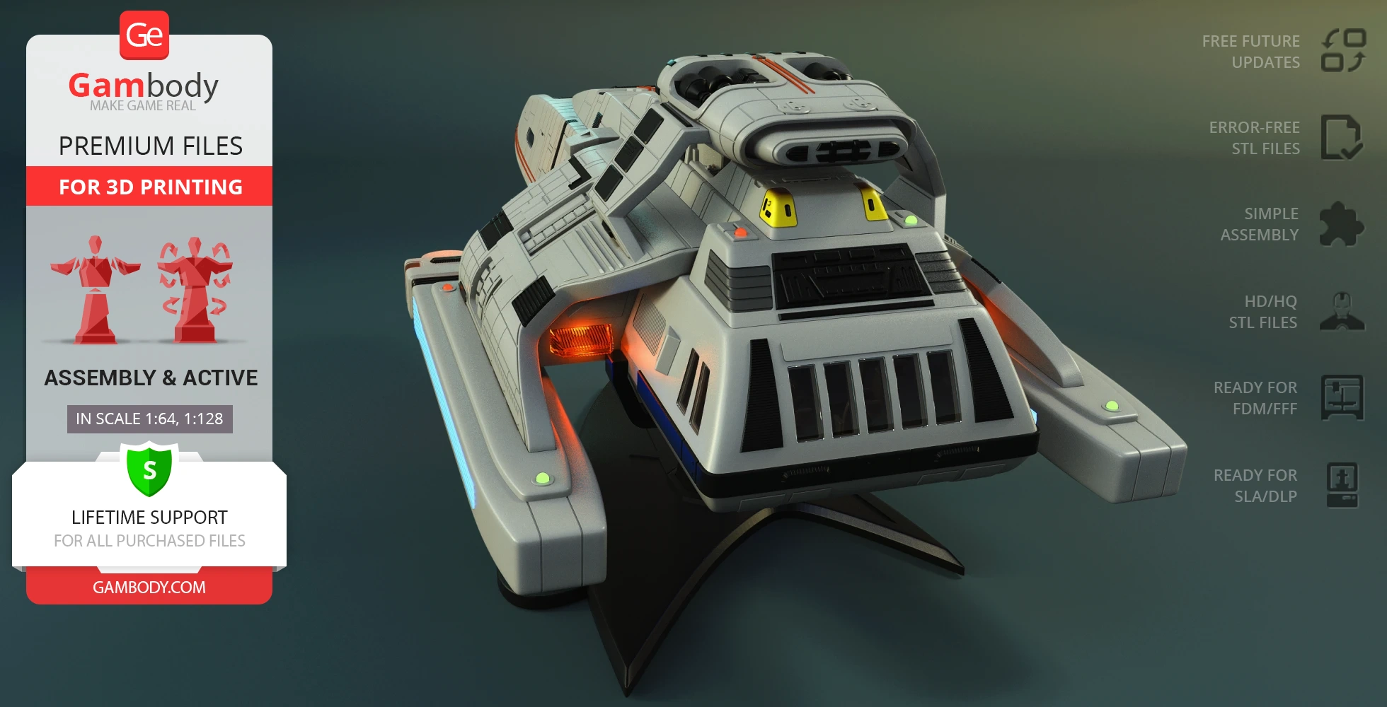 A detailed 3D model of a Danube-Class Runabout spaceship on a display stand, ready for 3D printing.