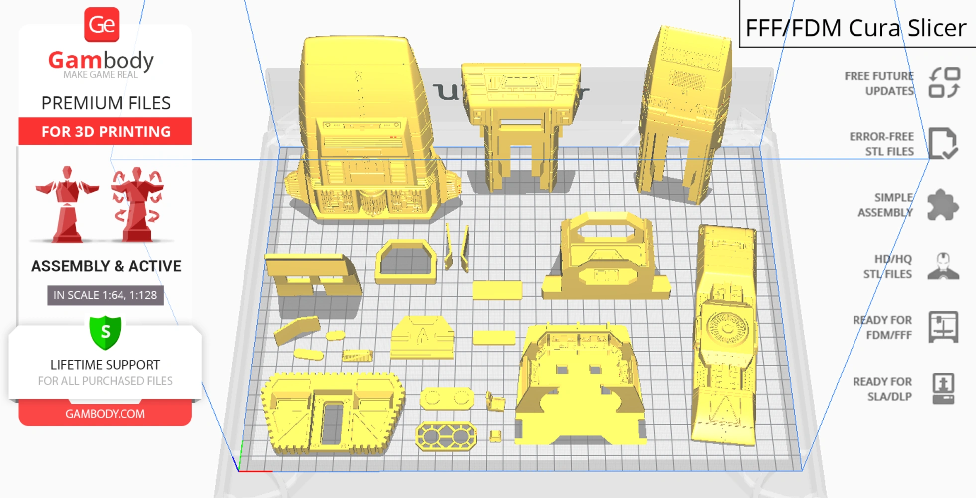3D printable Danube-Class Runabout parts arranged on a grid layout in Cura slicer software interface.