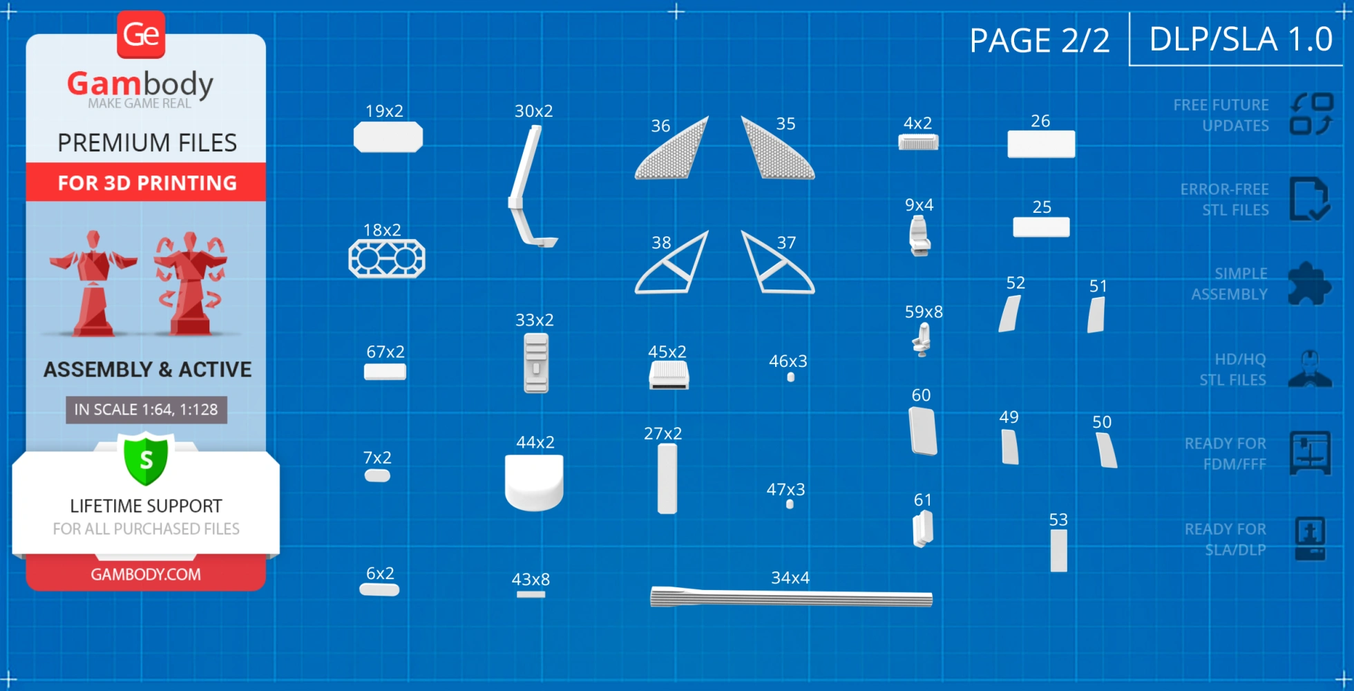 Blueprint layout of various 3D printable parts for Danube-Class Runabout, labeled with dimensions.