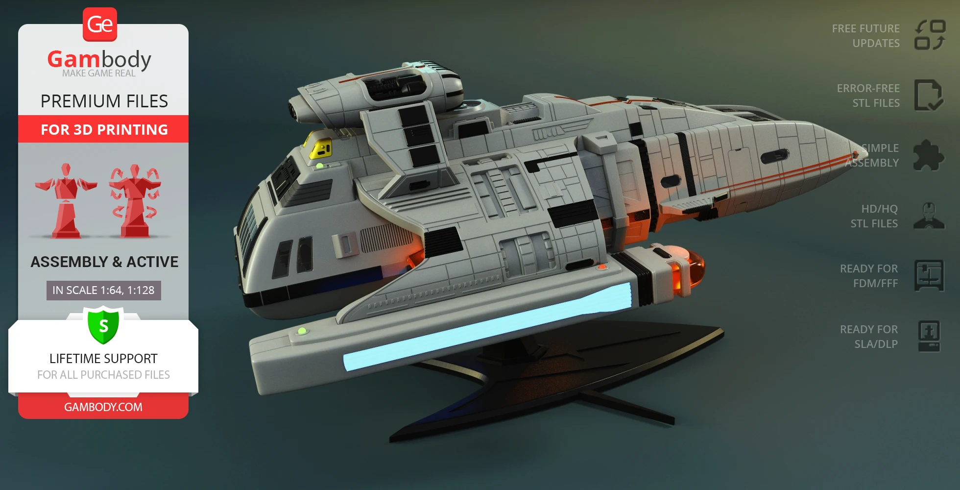 A detailed 3D model of a Danube-Class Runabout spaceship on display, designed for 3D printing.