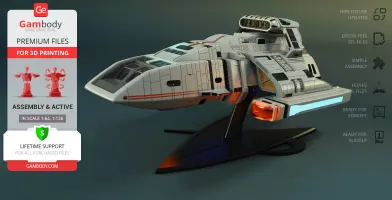 Futuristic spacecraft model with sleek design on a stand, ready for 3D printing.