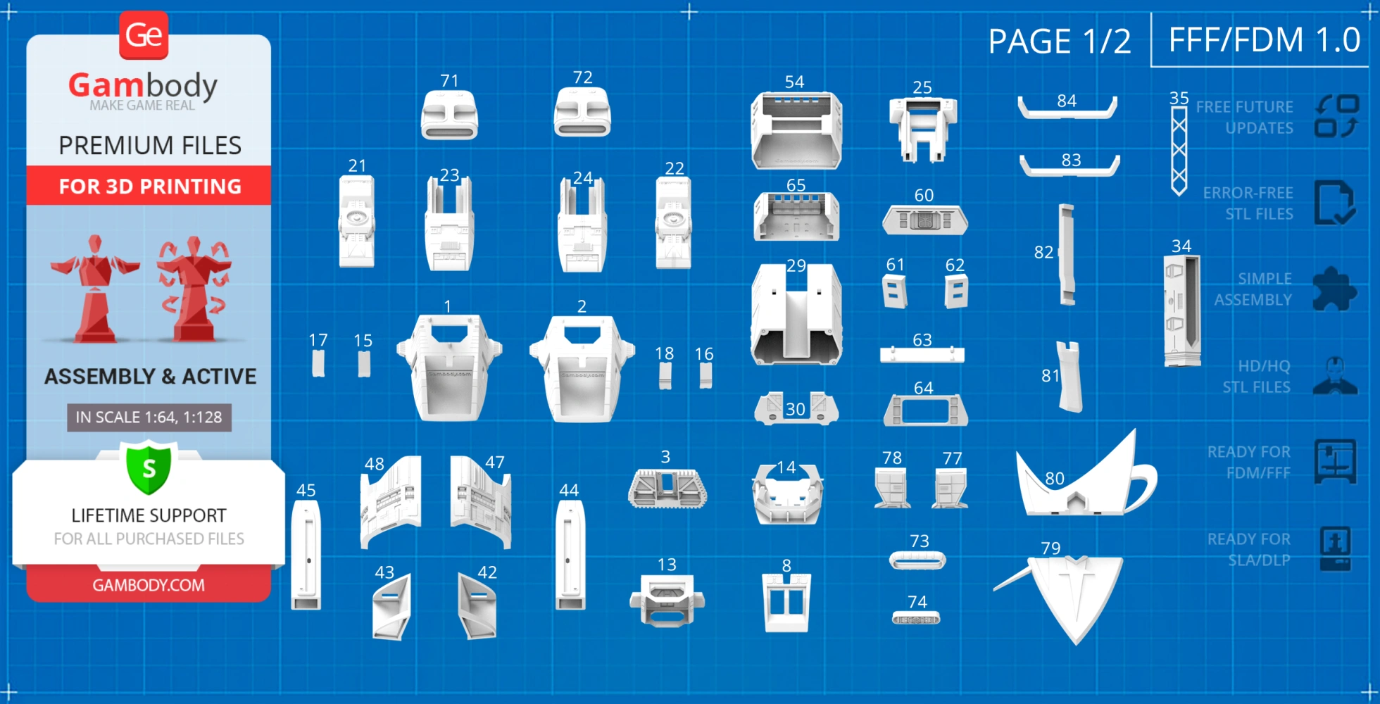 Blueprint layout with labeled 3D-printable parts for Danube-Class Runabout model from Gambody.