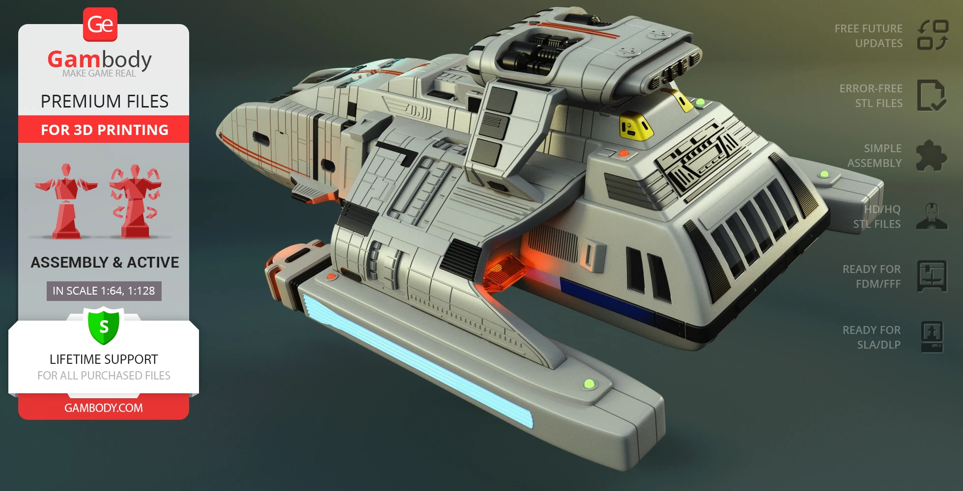 Futuristic spacecraft model, detailed for 3D printing, with intricate surface textures and vibrant highlights.