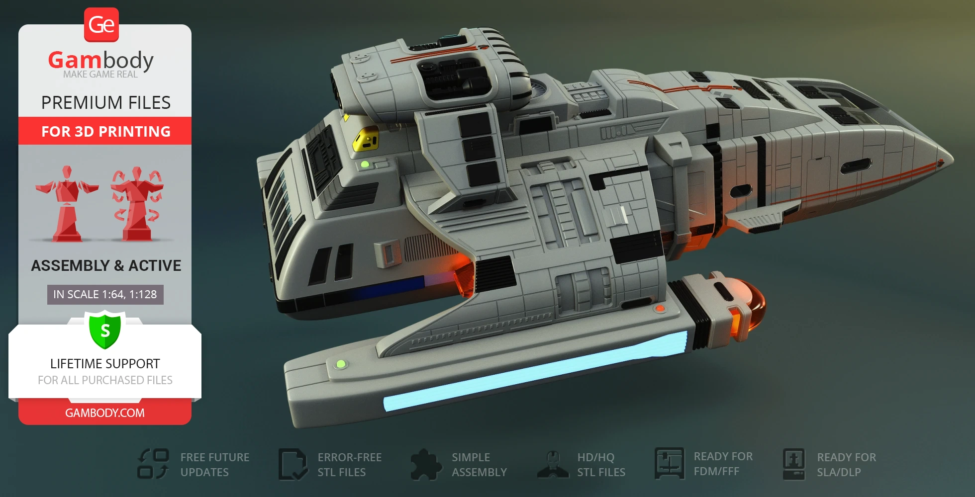 A detailed 3D model of a Danube-Class Runabout spaceship, designed for 3D printing.
