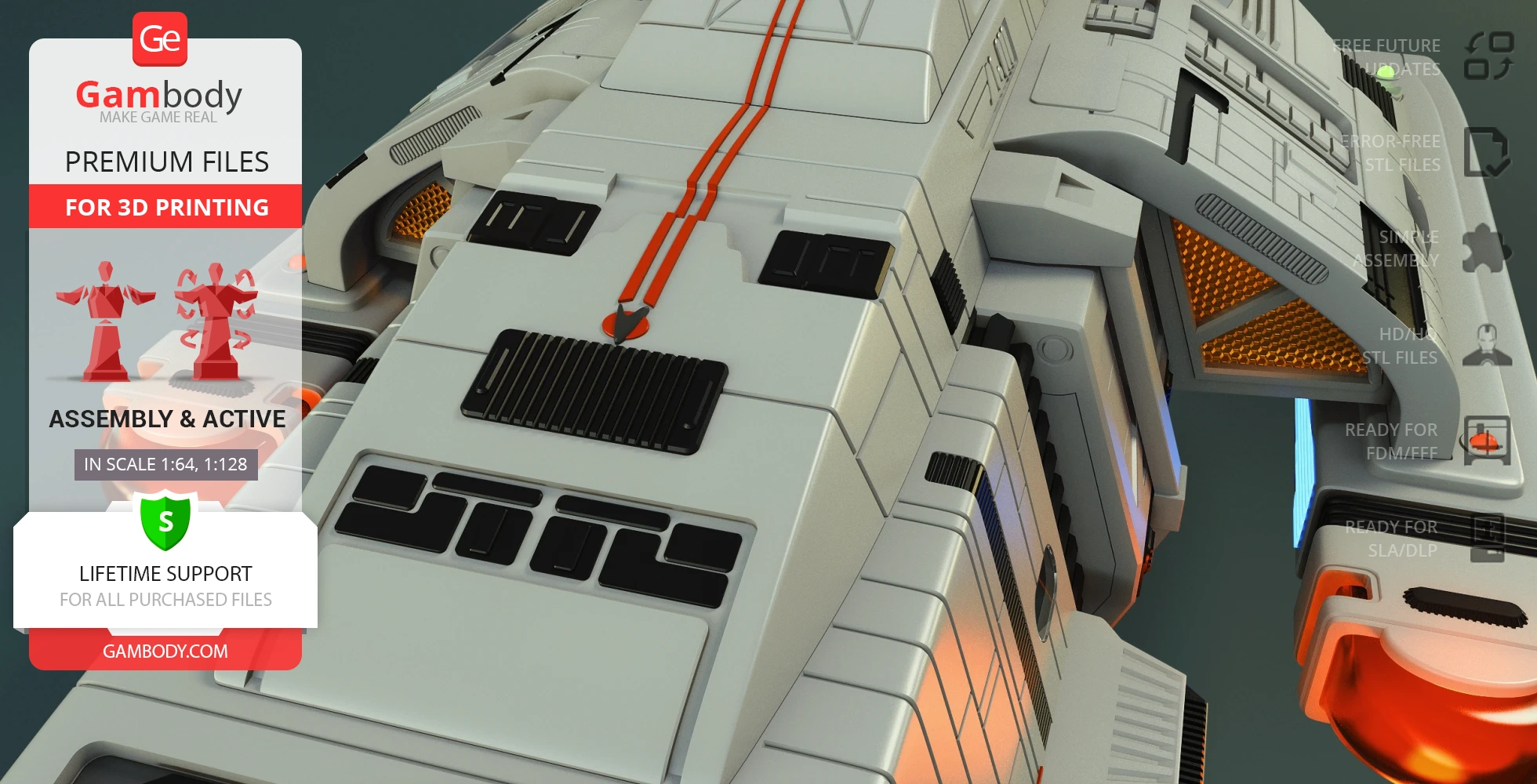 Futuristic spacecraft model with detailed surface and orange accents, suitable for 3D printing.