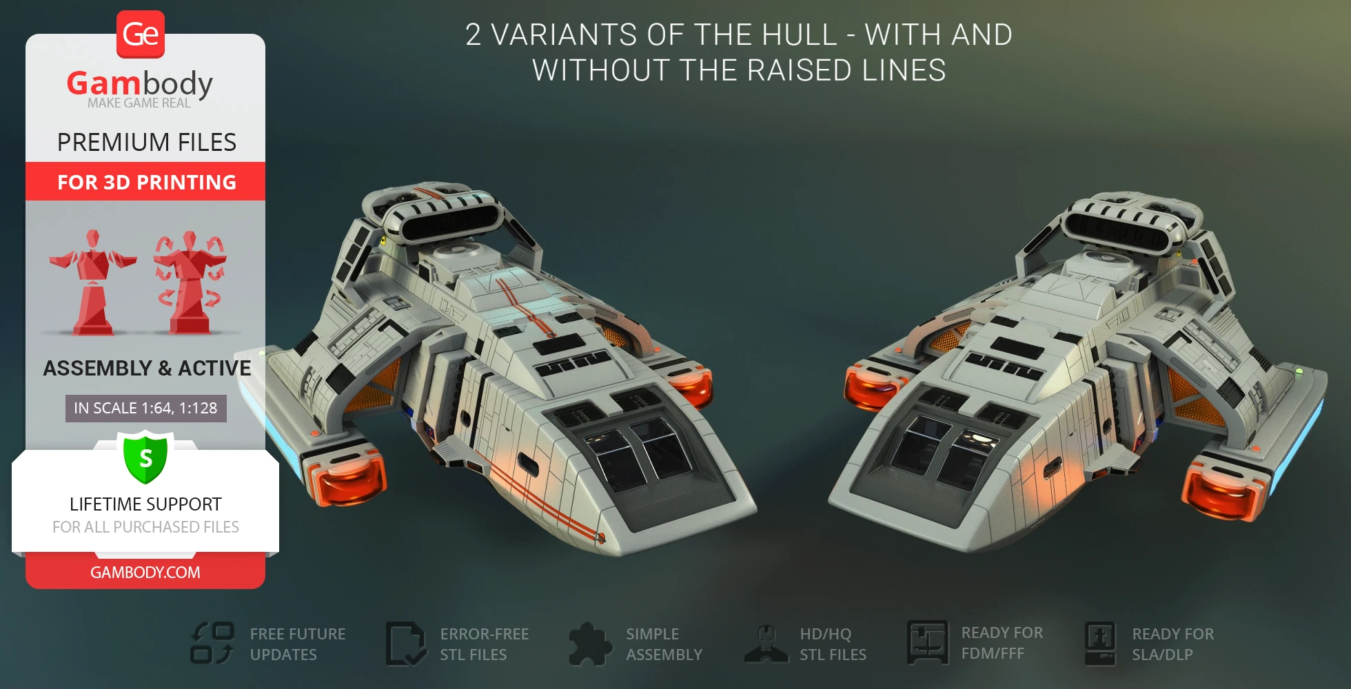 3D models of a futuristic spaceship, showcasing two hull variants for 3D printing.