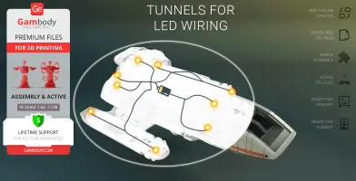 3D model of a Danube-Class Runabout showing LED wiring tunnels, with features listed on the side.
