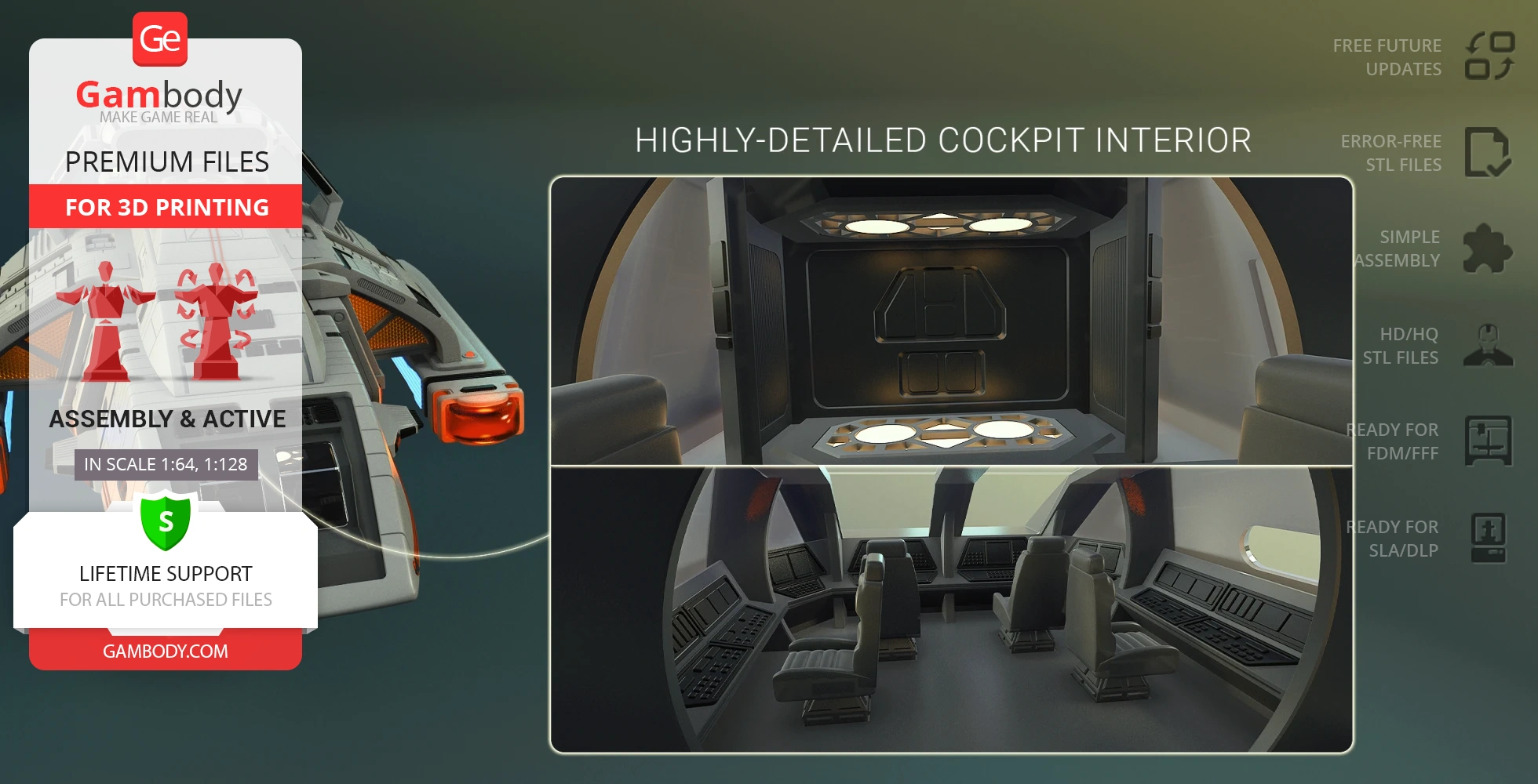 3D model of Danube-Class Runabout with intricate cockpit interior for 3D printing.