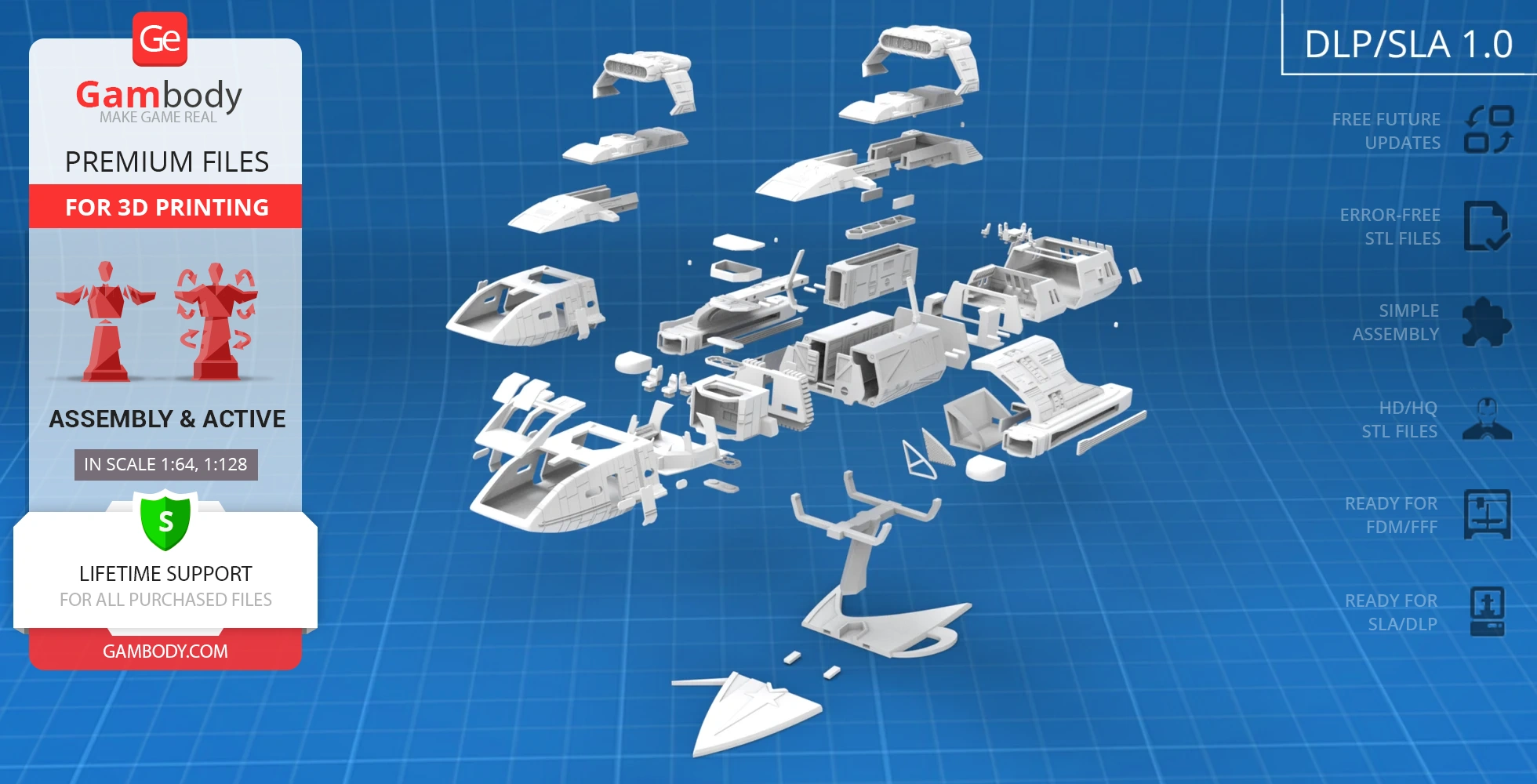 Exploded view of Danube-Class Runabout 3D model parts for printing, displayed on a blue grid background.