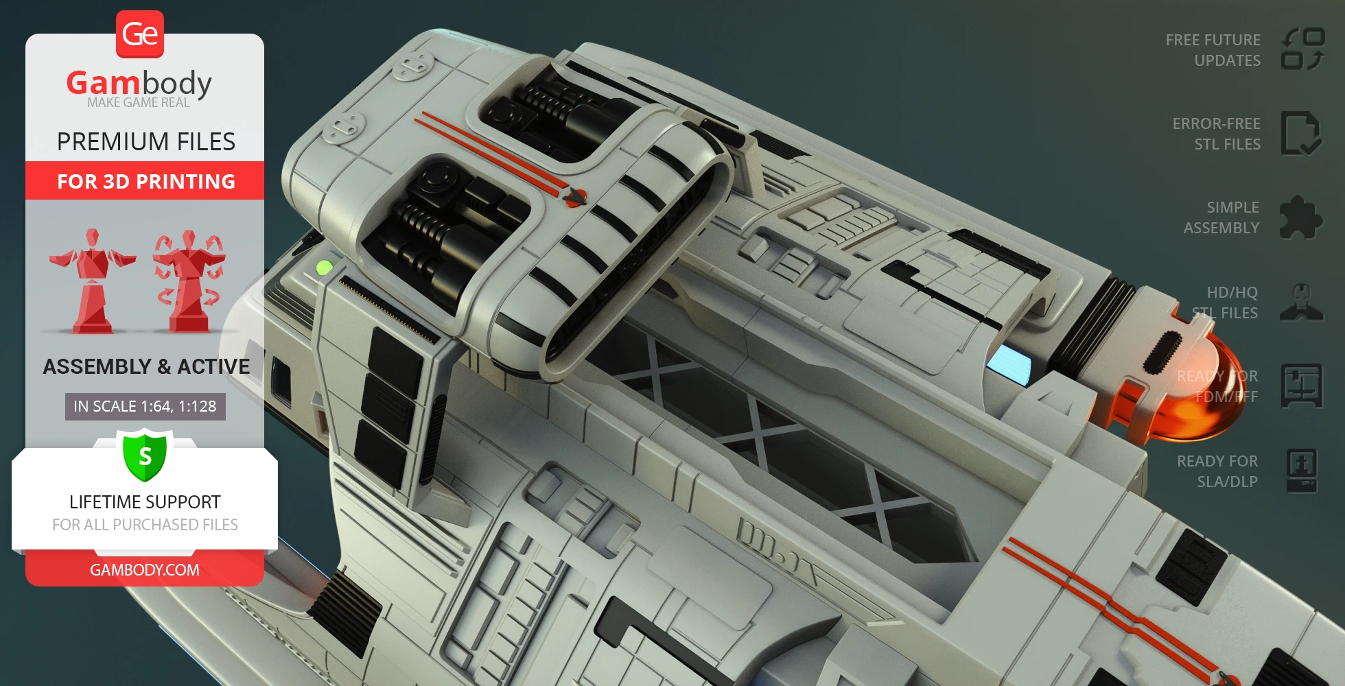 A detailed model of a Danube-Class Runabout from Gambody, designed for 3D printing.