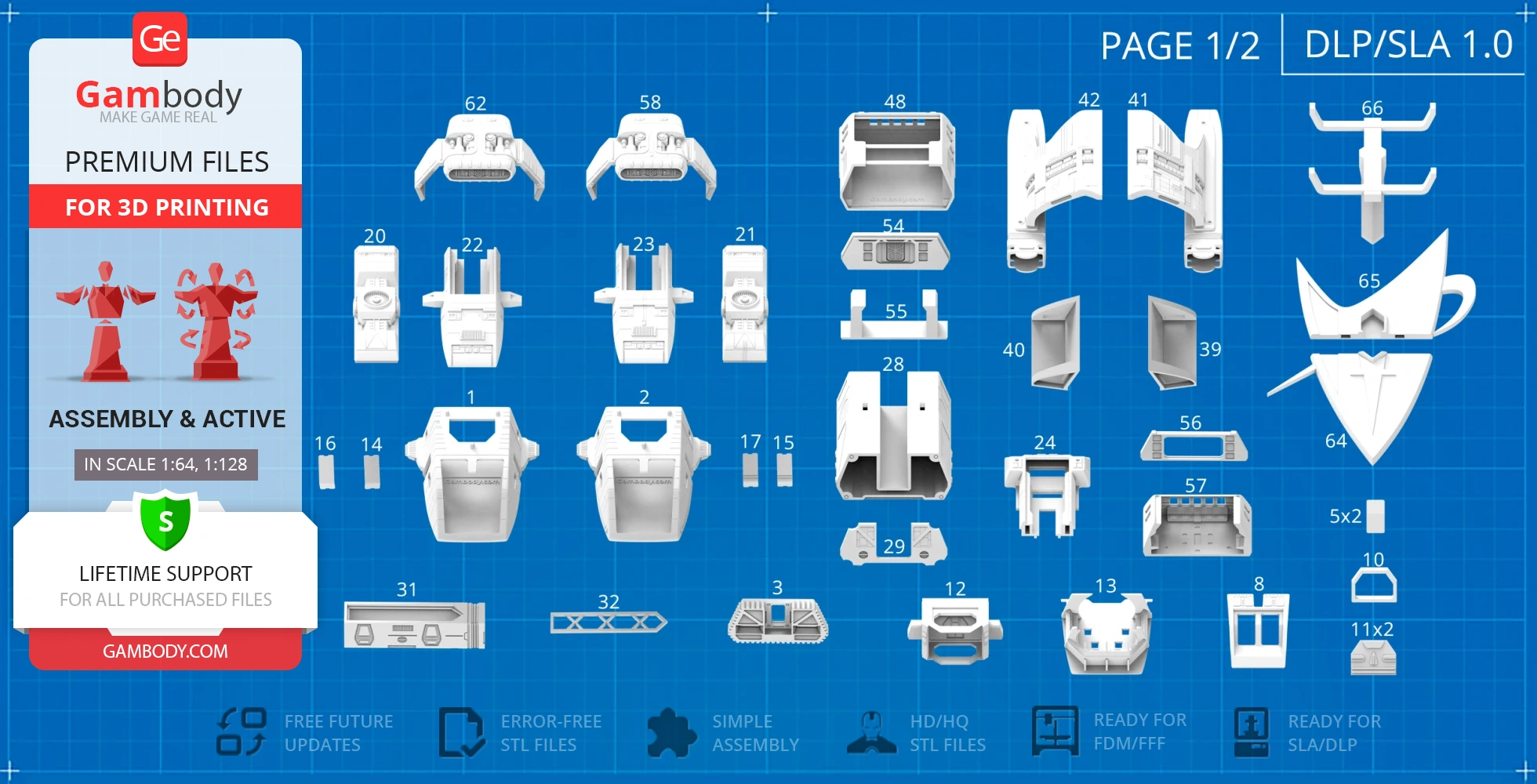 Blueprint with labeled 3D printable parts for Danube-Class Runabout assembly.