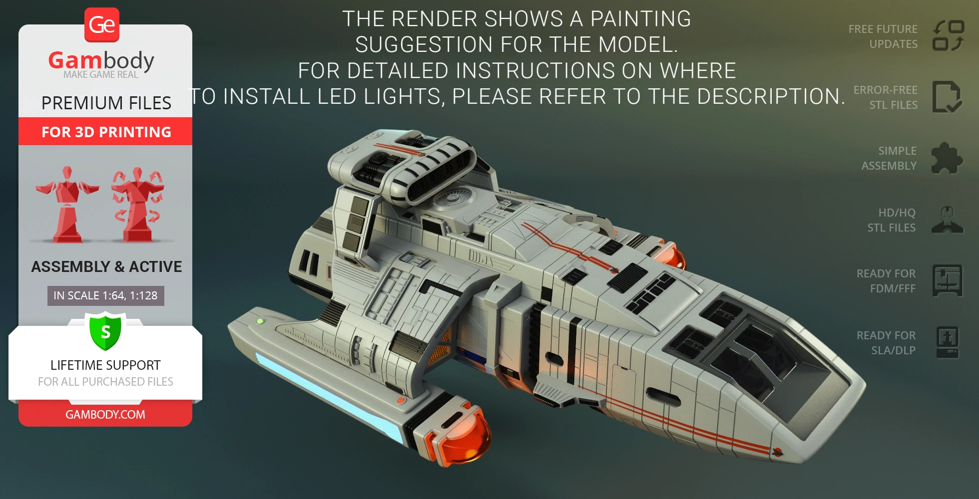 Futuristic spacecraft model with detailed textures for 3D printing, featuring LED installation guidance.