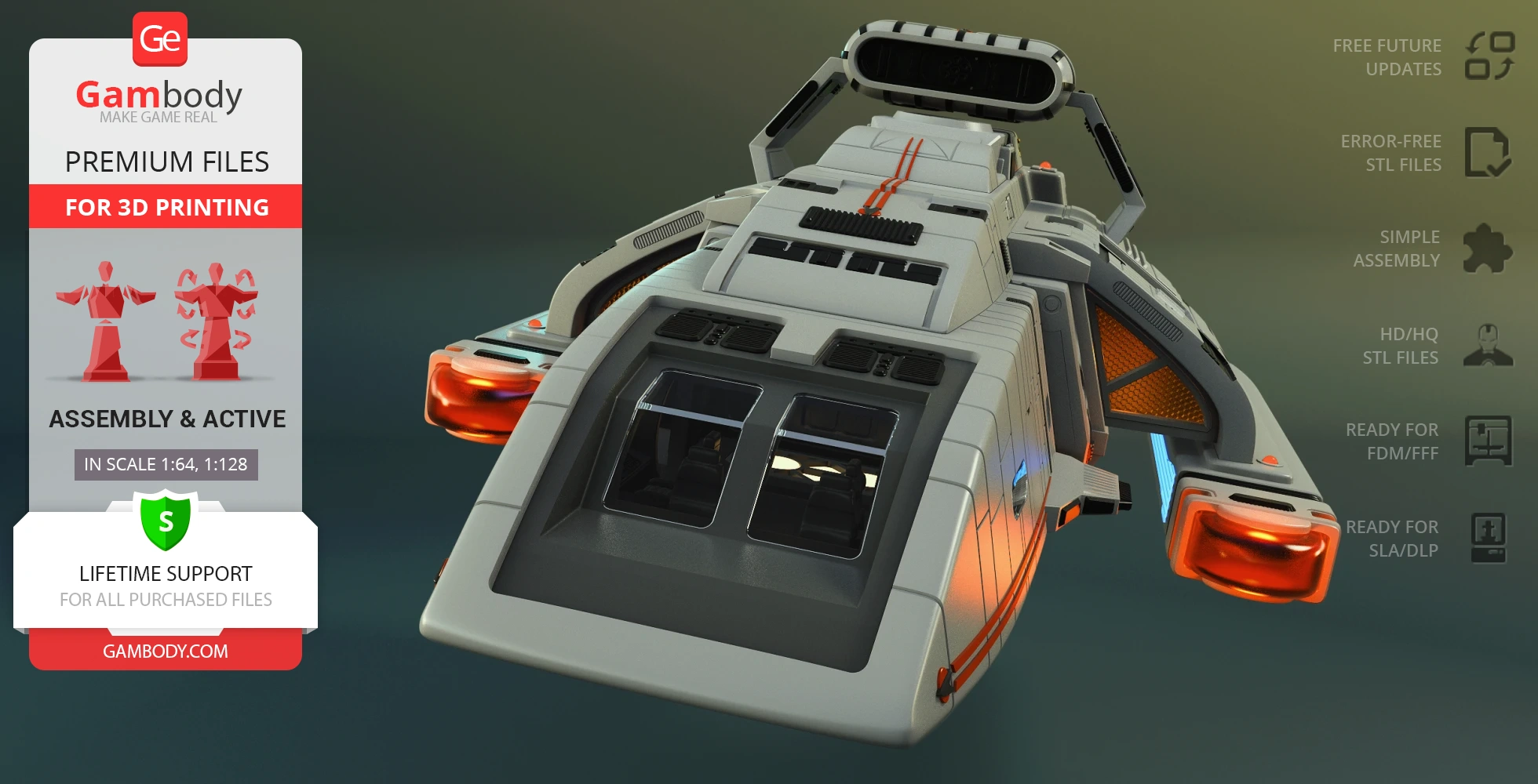 Futuristic spacecraft model with detailed features, ready for 3D printing, displayed on a promotional card.