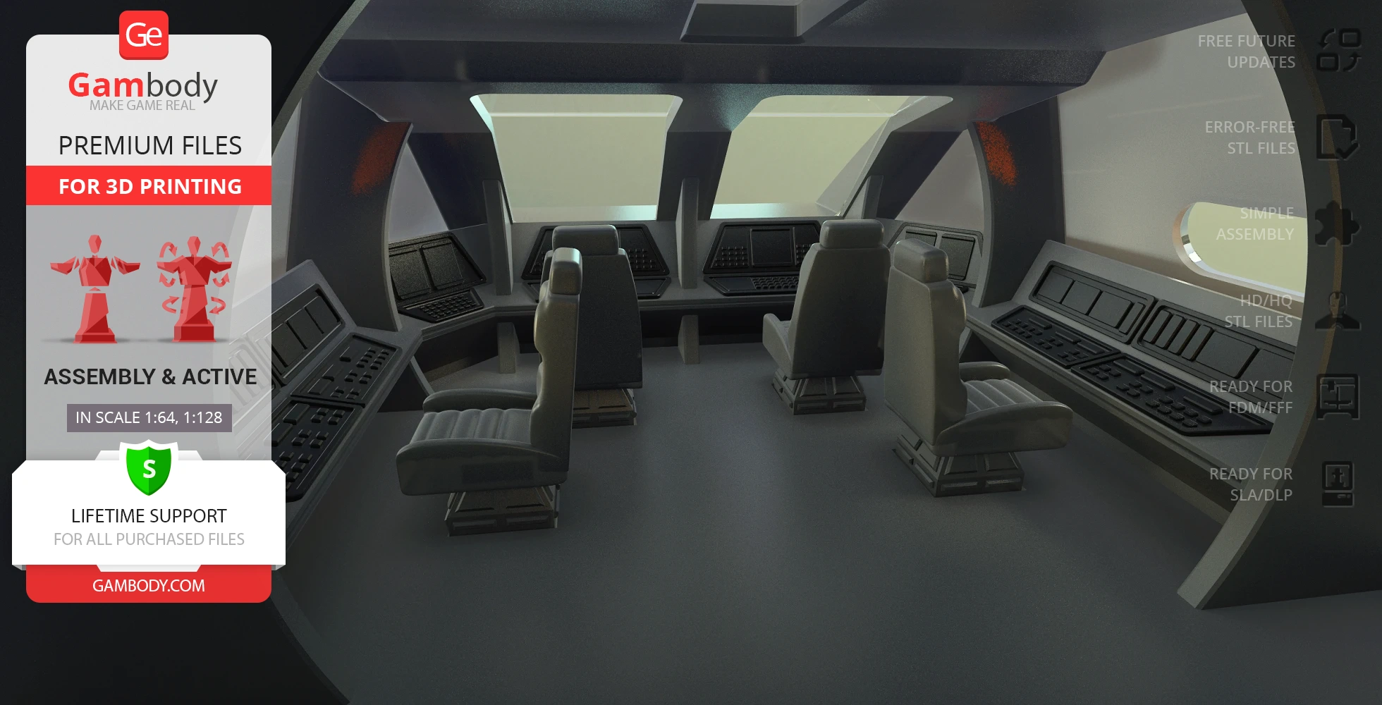 Futuristic spacecraft cockpit interior for 3D printing, featuring multiple seats and detailed control panels.