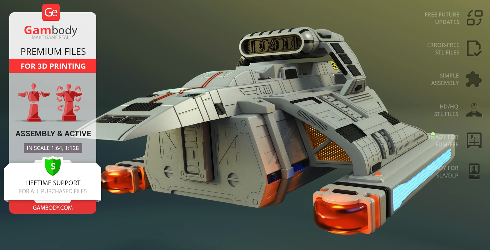 3D model of a futuristic spaceship with detailed design, available for STL 3D printing.
