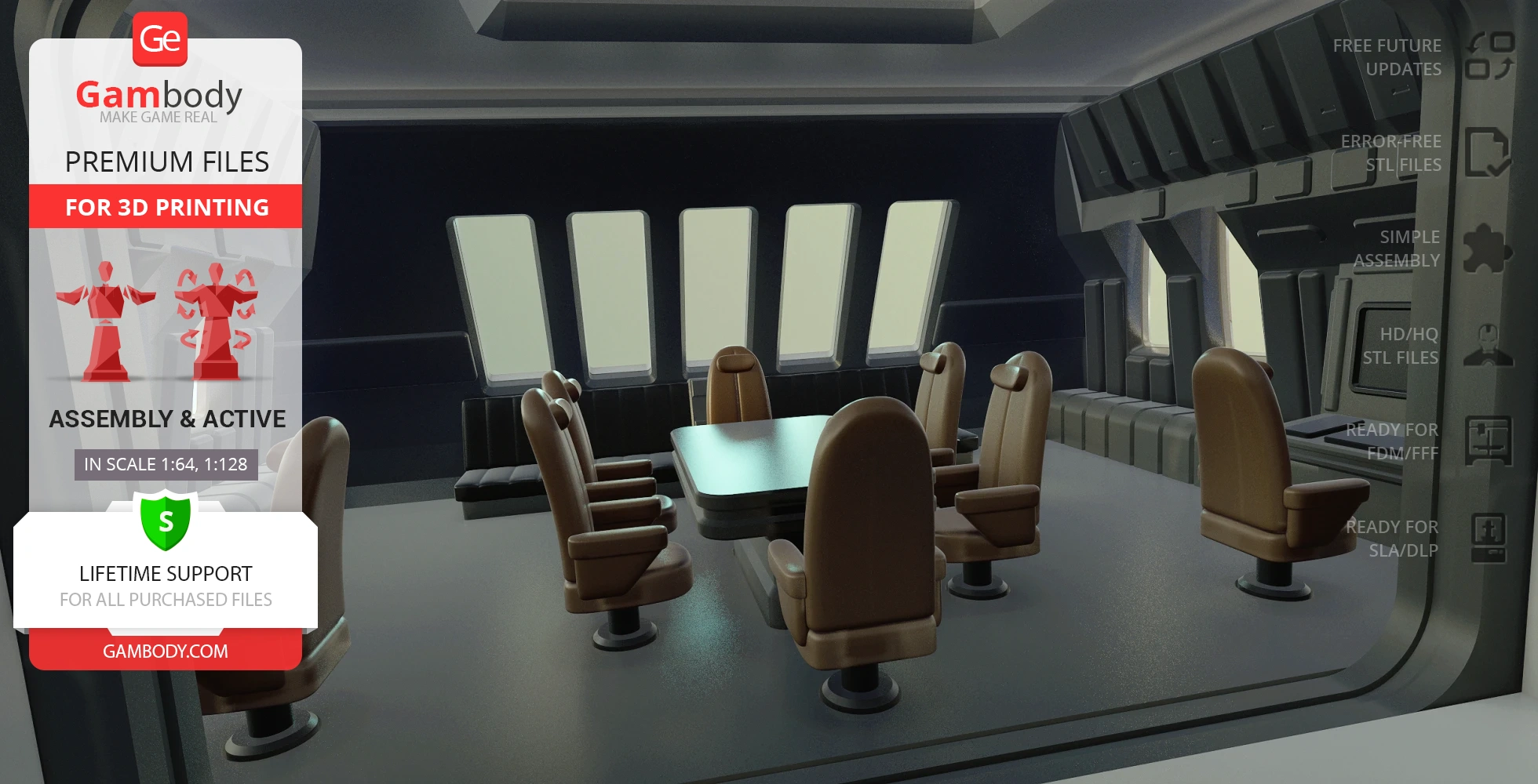 Futuristic spaceship interior with chairs and a table, designed for 3D printing.