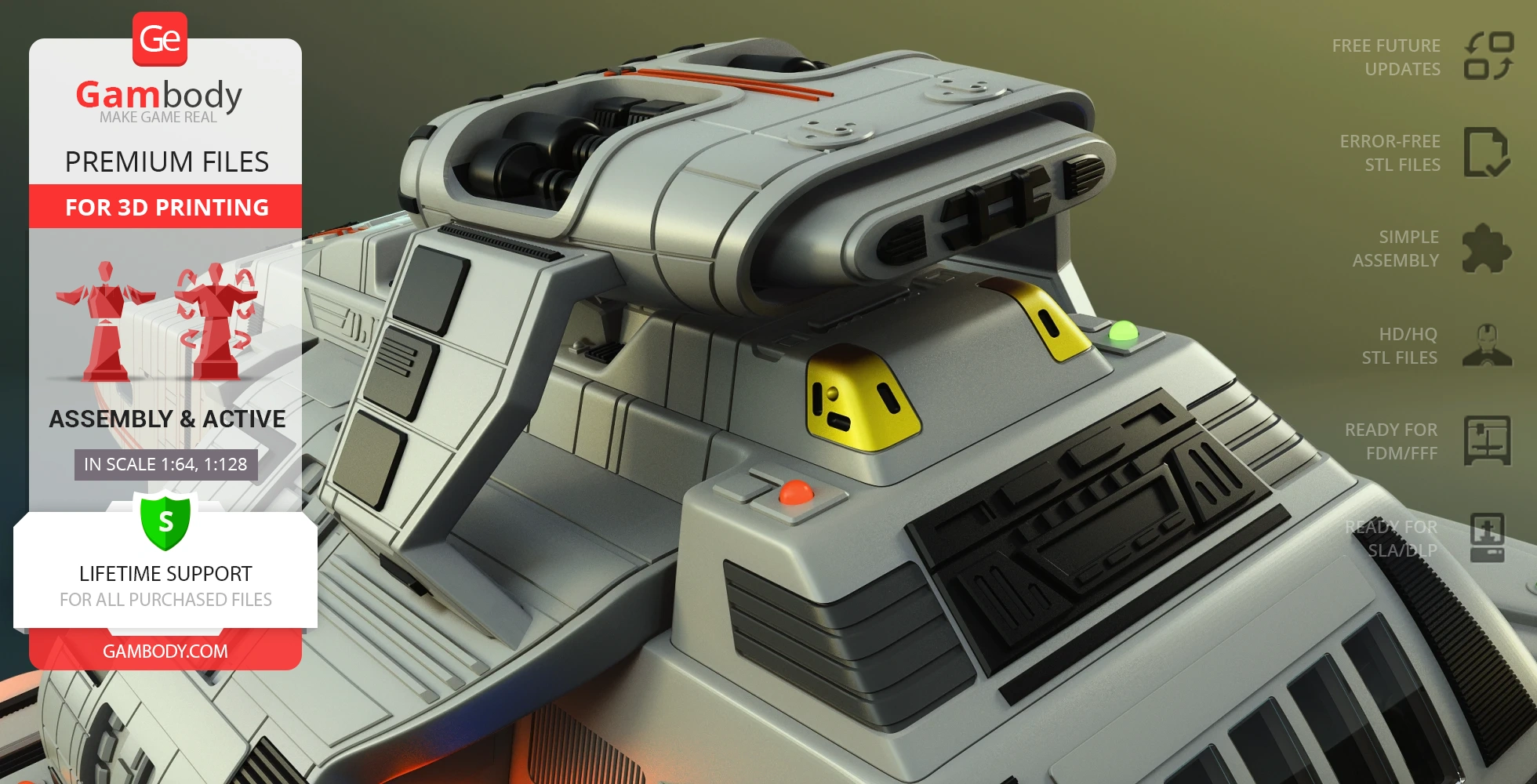 Close-up of a detailed 3D model of Danube-Class Runabout spacecraft, showcasing intricate design elements.