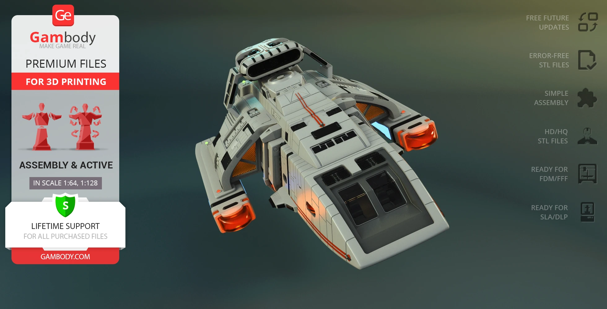 Futuristic spaceship model for 3D printing with detailed design and assembly options from Gambody.