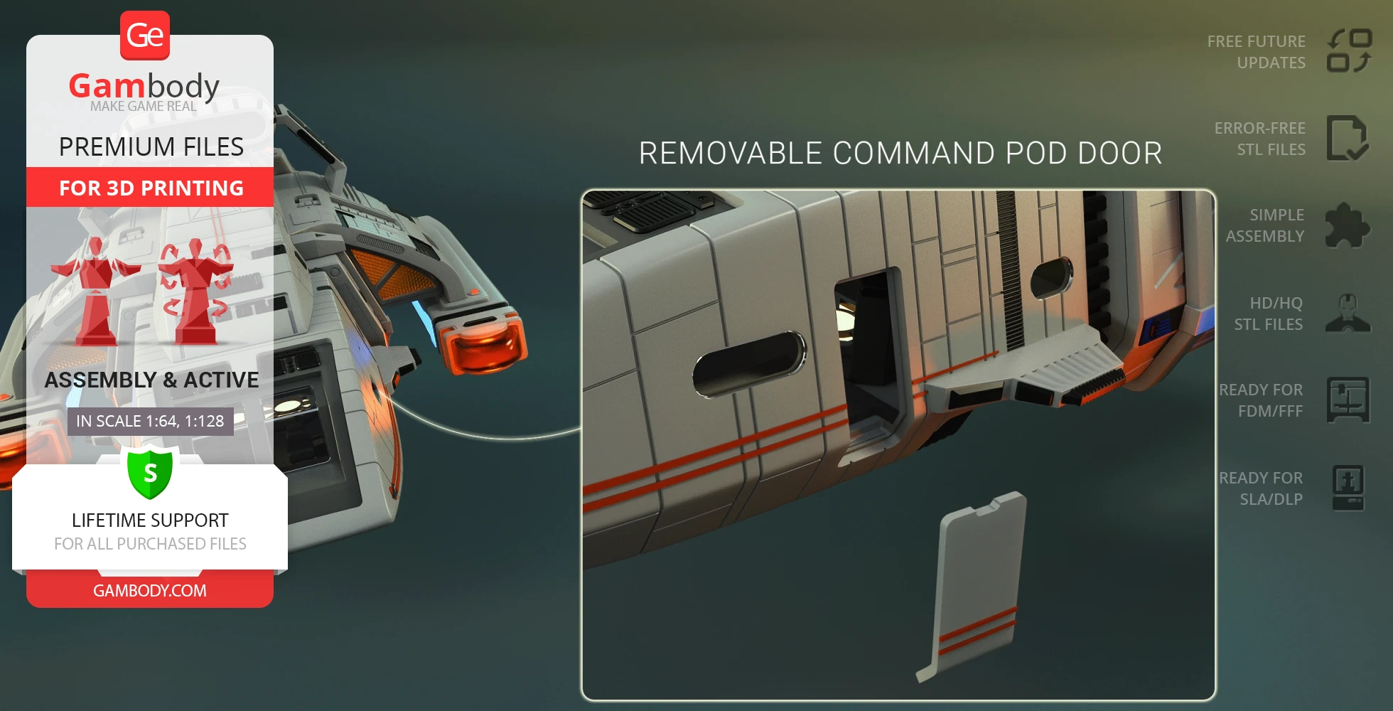 Detailed 3D model of Danube-Class Runabout with removable command pod door for 3D printing.