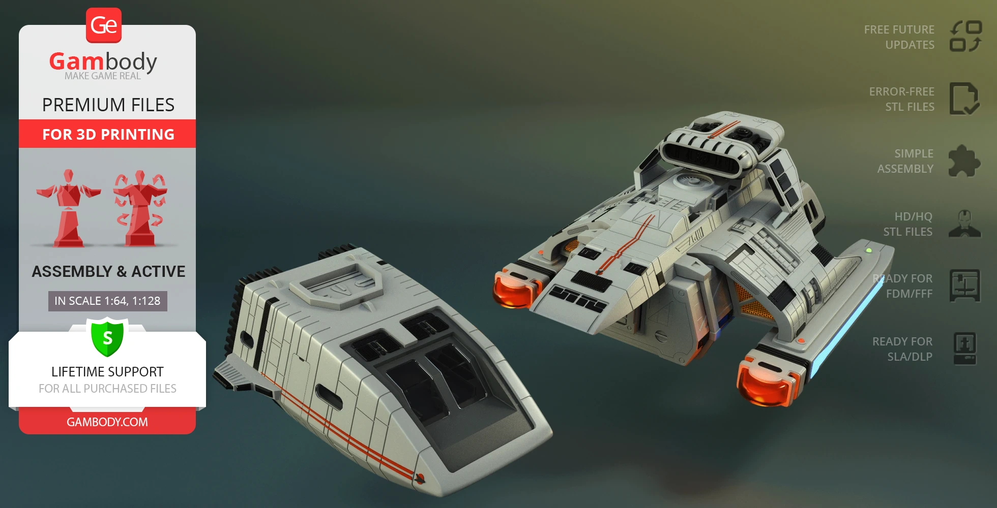 Futuristic spacecraft model with intricate details, designed for 3D printing by Gambody.