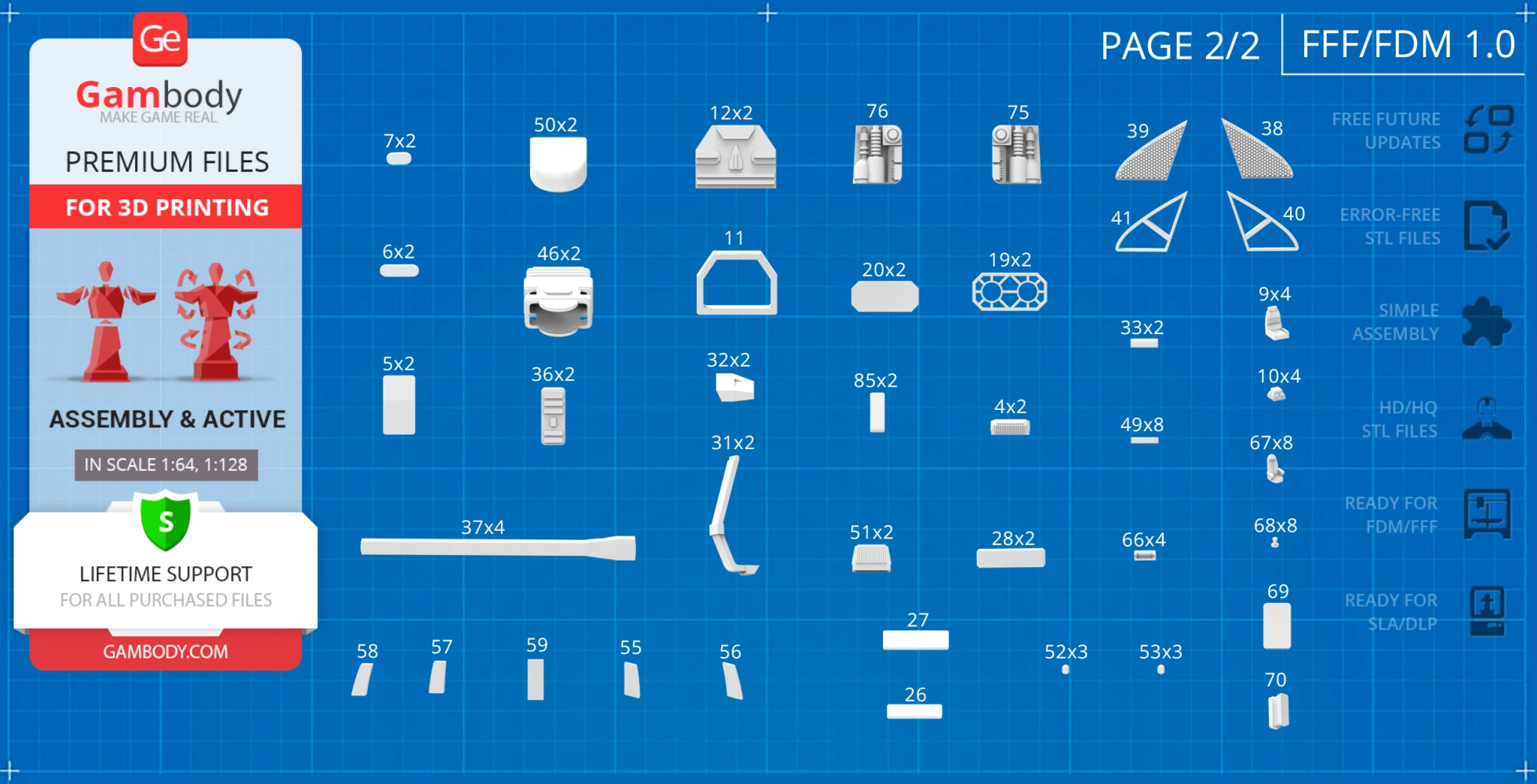 Blueprint-style image showing labeled parts for 3D printing a Danube-Class Runabout model from Gambody.
